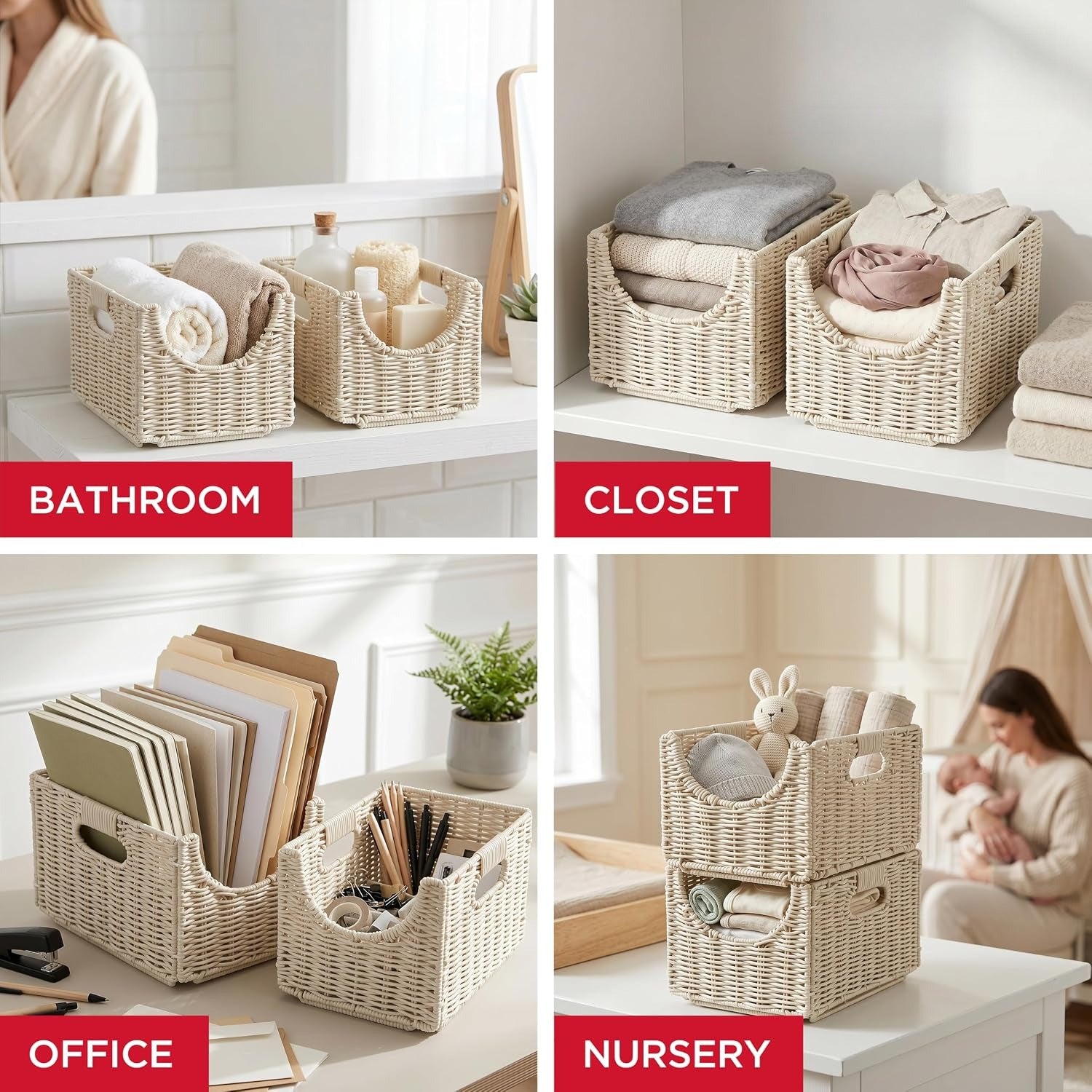 Woven Storage Baskets Stackable Collapsible Handles Resin Rattan