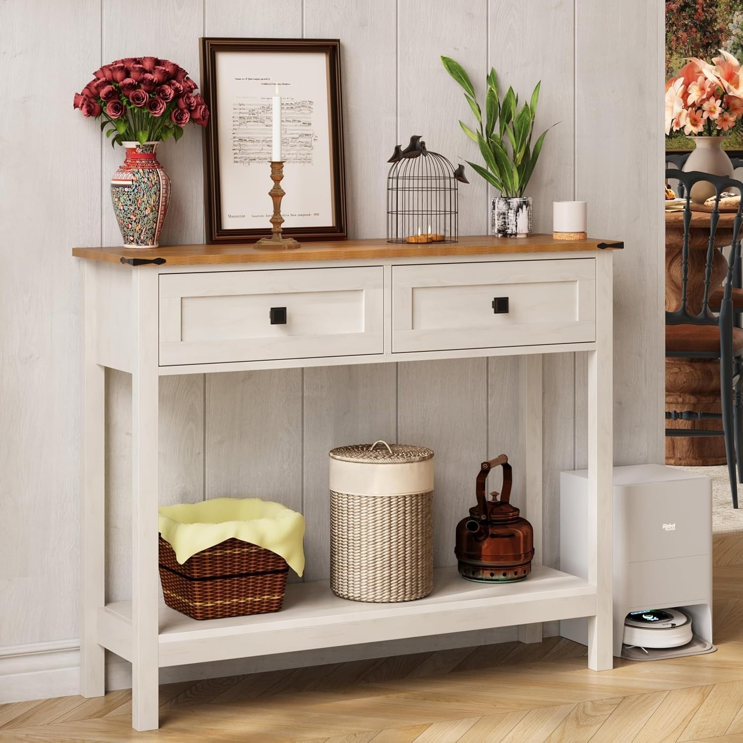 Farmhouse Console Table Storage Drawer Shelf
