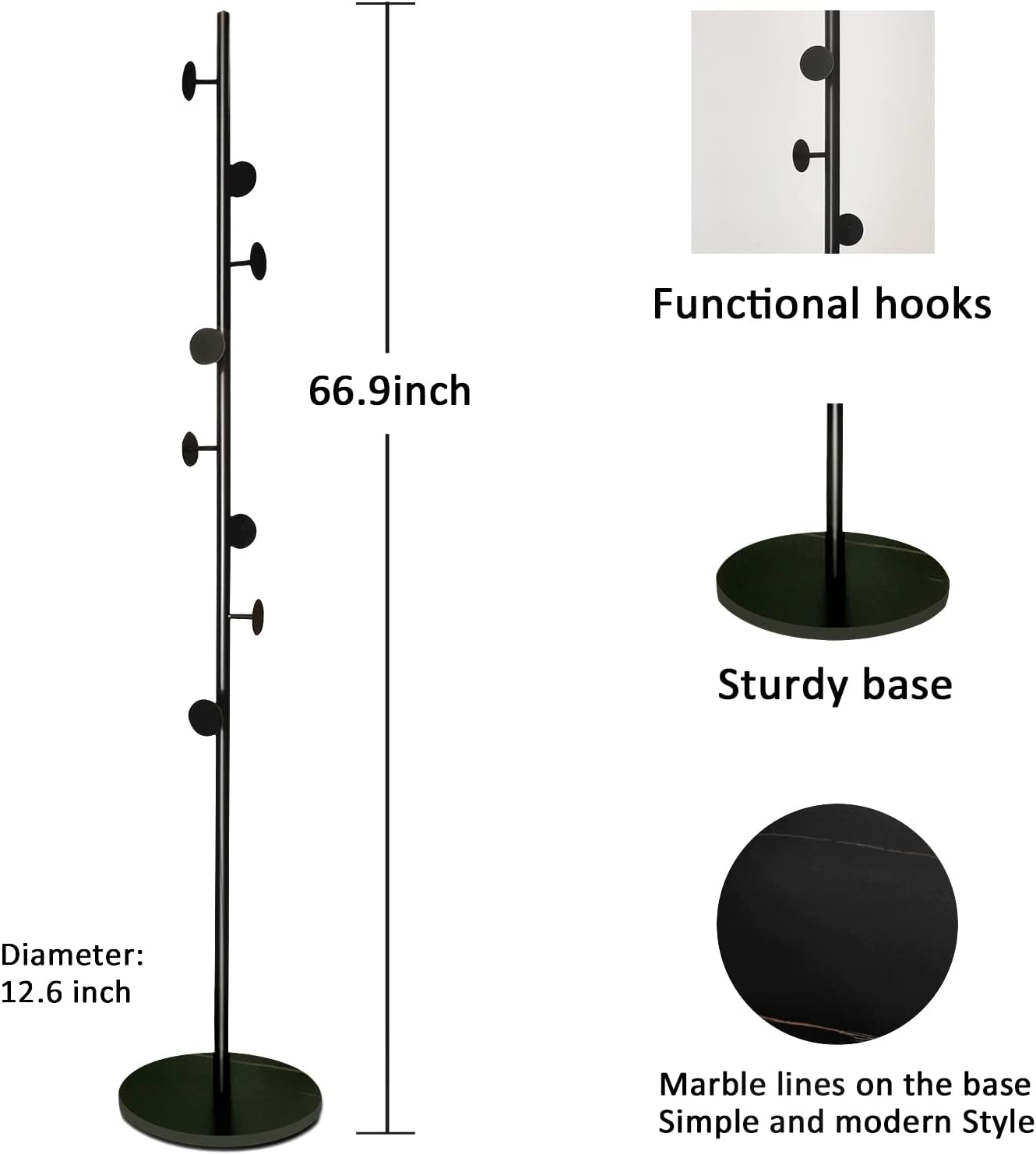 Black Metal 8-Hook Freestanding Coat Tree