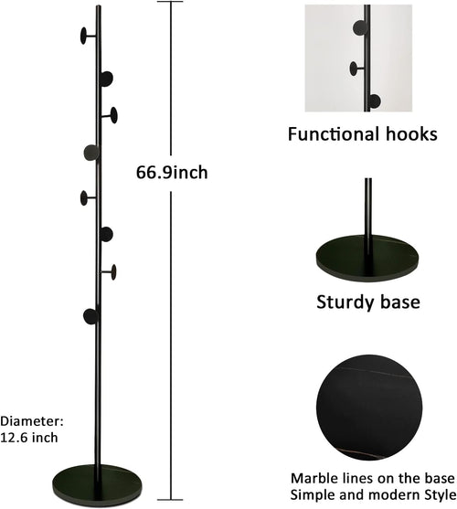 Black Metal 8-Hook Freestanding Coat Tree