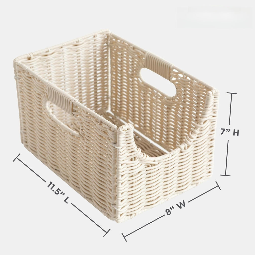 Woven Storage Baskets Stackable Collapsible Handles Resin Rattan