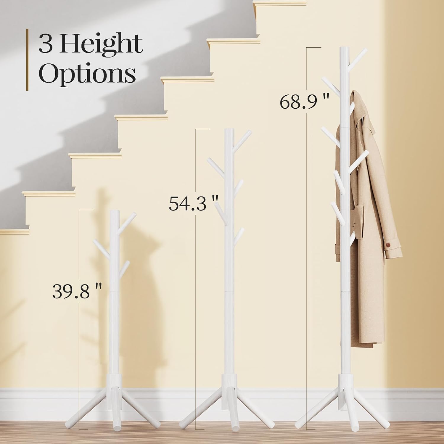 Solid Wood 8-Hook Adjustable Coat Rack