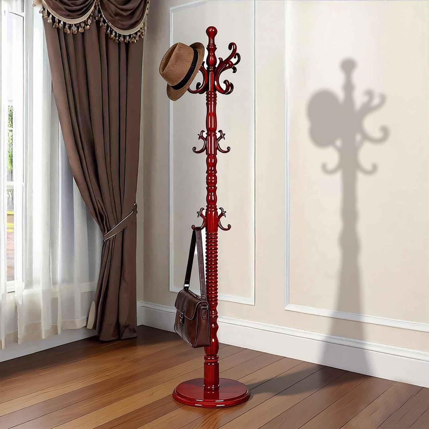 Reddish Brown Wooden 18-Hook Coat Rack Stand