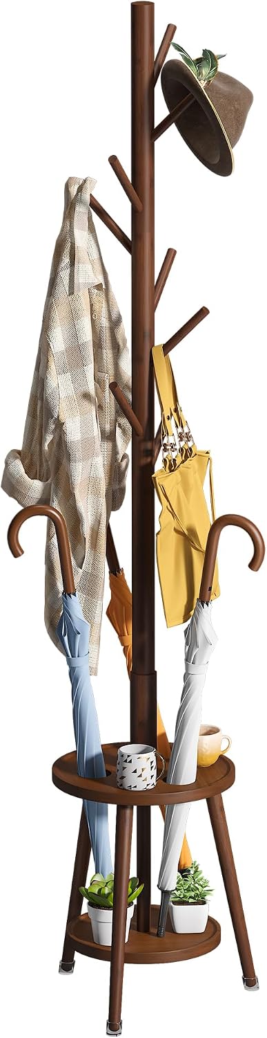 Brown Bamboo 8-Hook Coat Rack Umbrella Stand