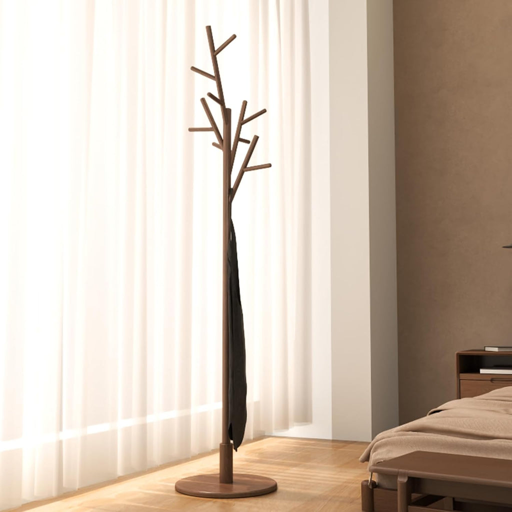 Walnut 12-Hook Adjustable Wood Coat Rack