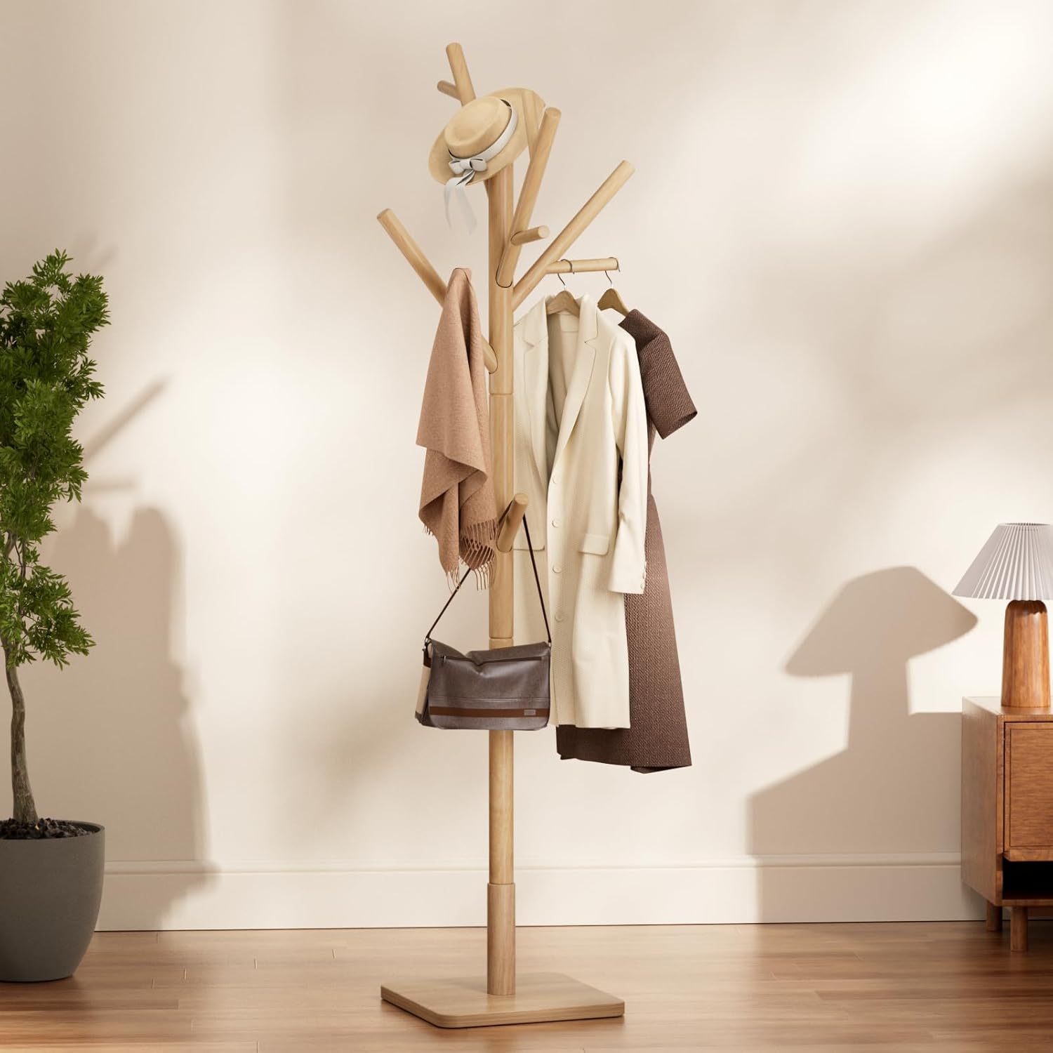 Natural Wood 14-Hook Adjustable Coat Rack