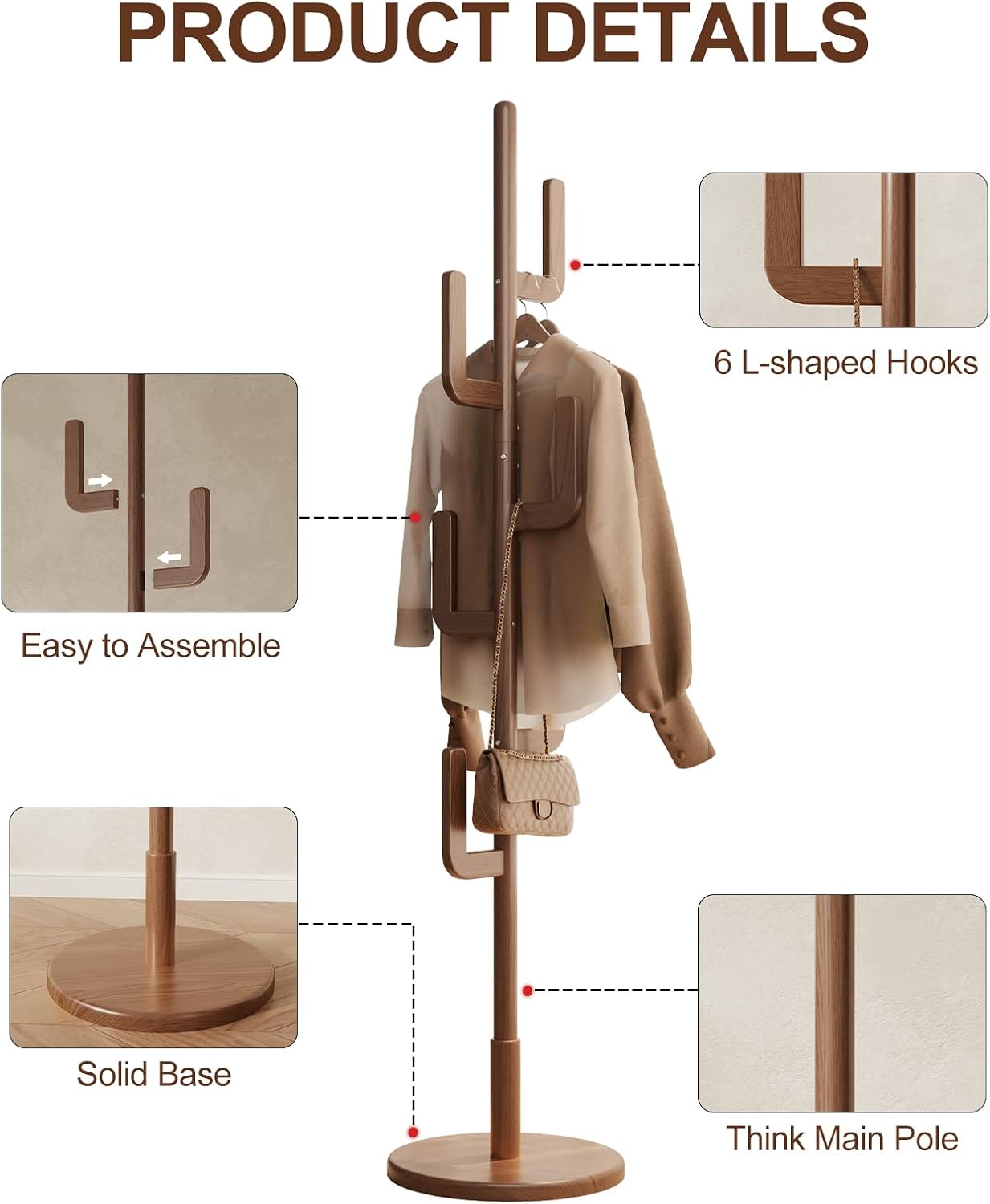 Walnut Cactus 6-Hook Adjustable Coat Rack