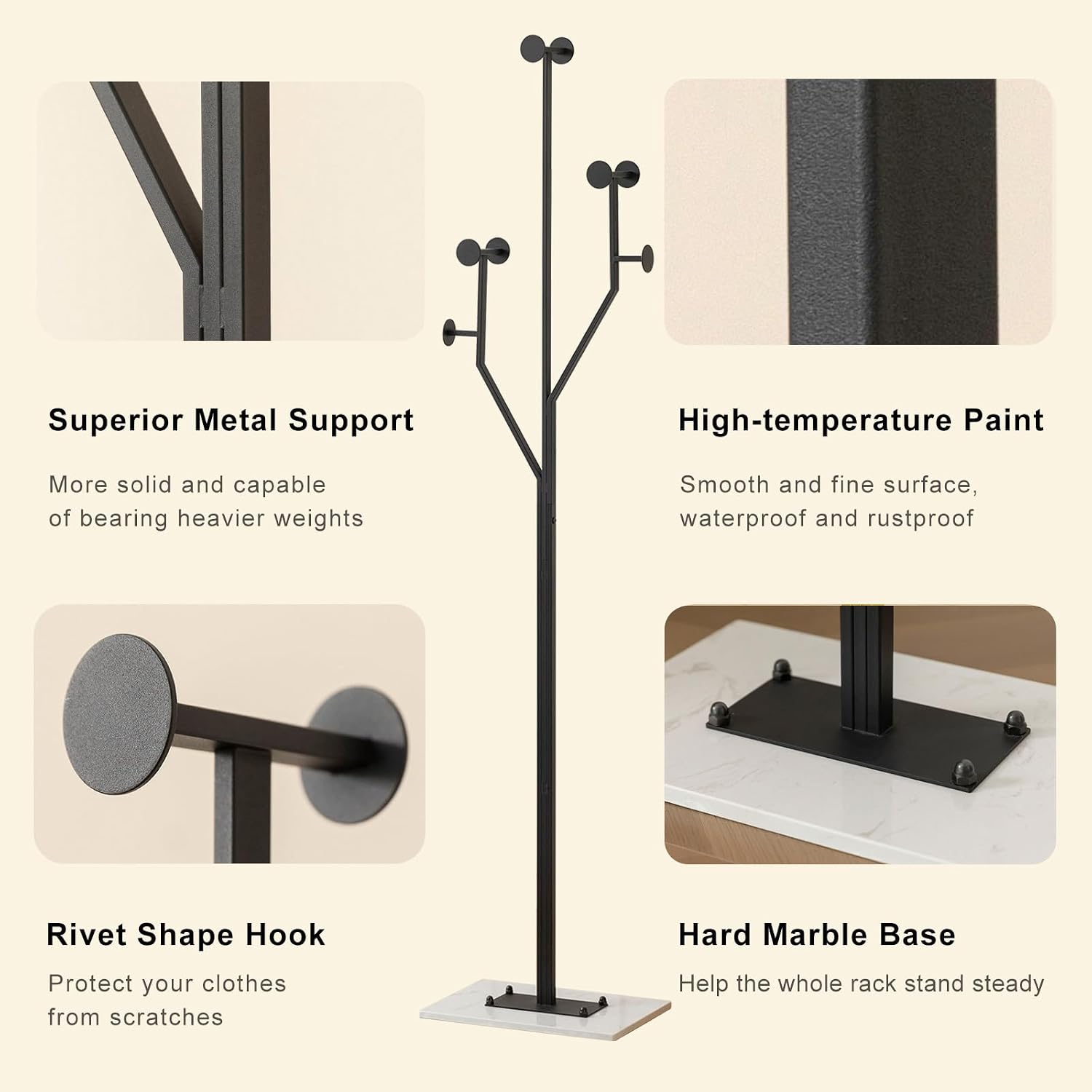 Black Tree Metal Marble Coat Rack Stand