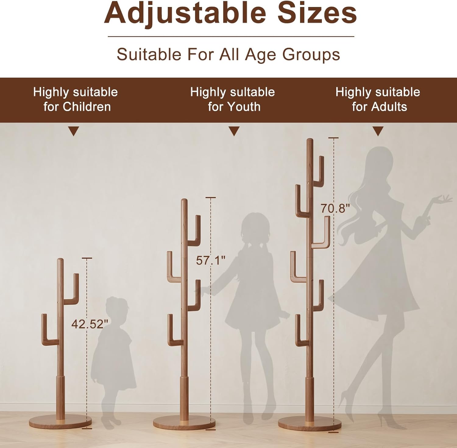 Walnut Cactus 6-Hook Adjustable Coat Rack
