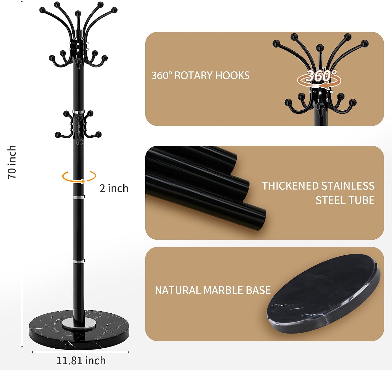 Black 360° Rotating 16-Hook Coat Rack