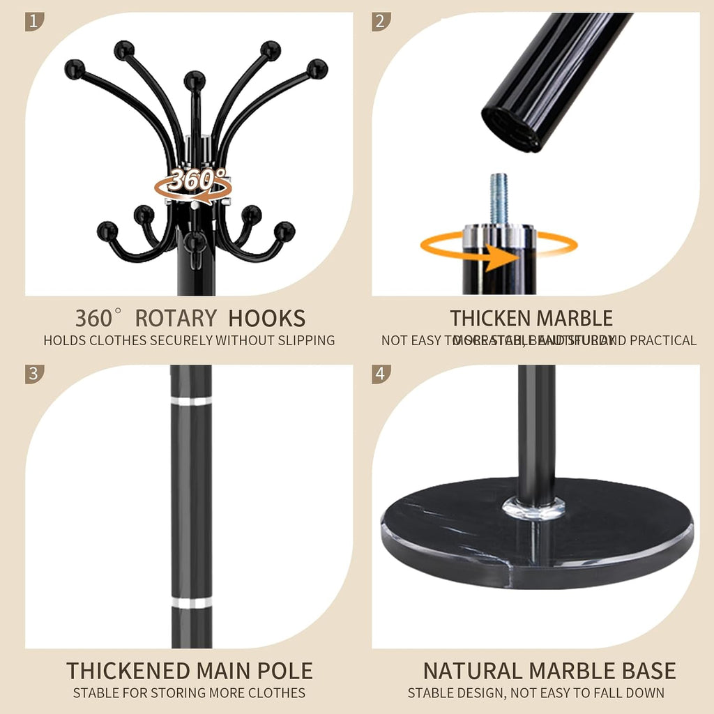 Black 360° Rotating 16-Hook Coat Rack