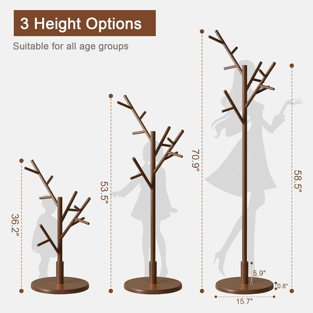 Walnut 12-Hook Adjustable Wood Coat Rack