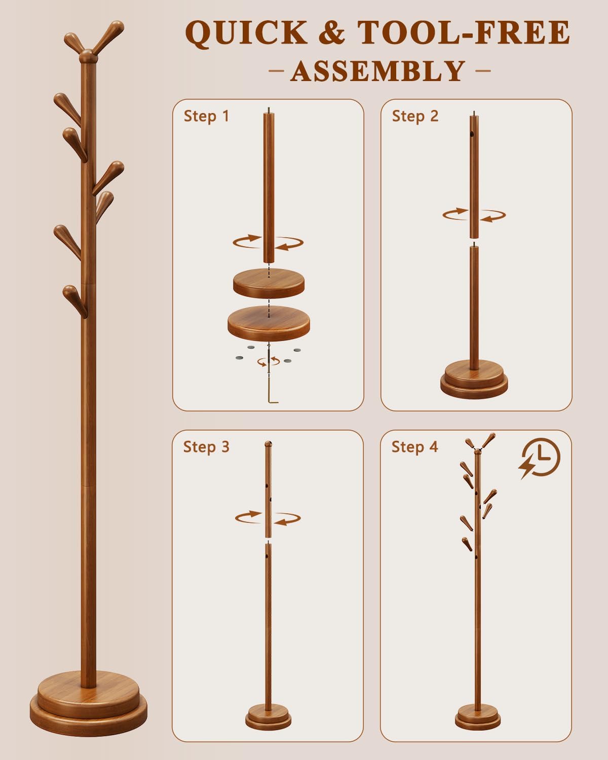 Wood 8-Hook Adjustable Coat Rack Stand