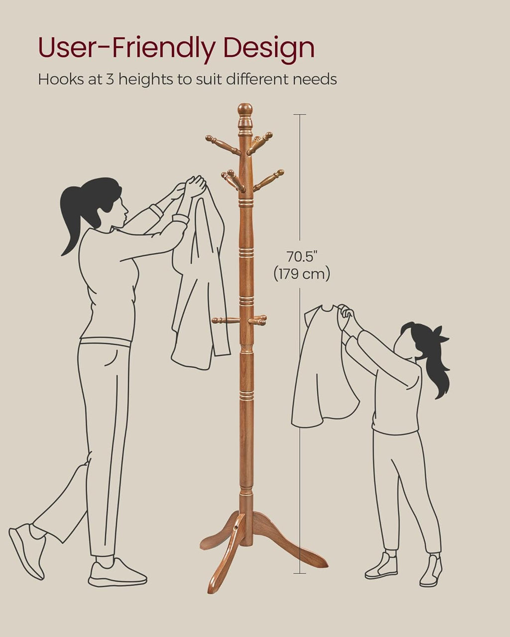 Caramel Wood 10-Hook Free Standing Coat Rack