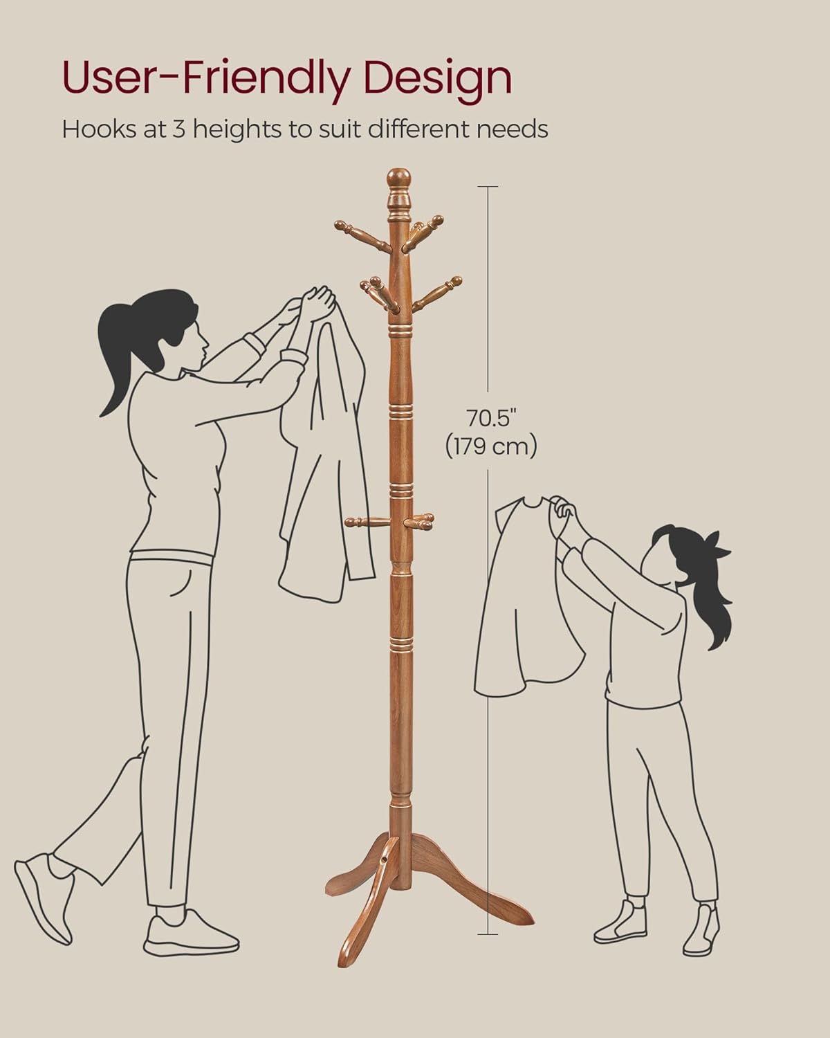 Caramel Wood 10-Hook Free Standing Coat Rack