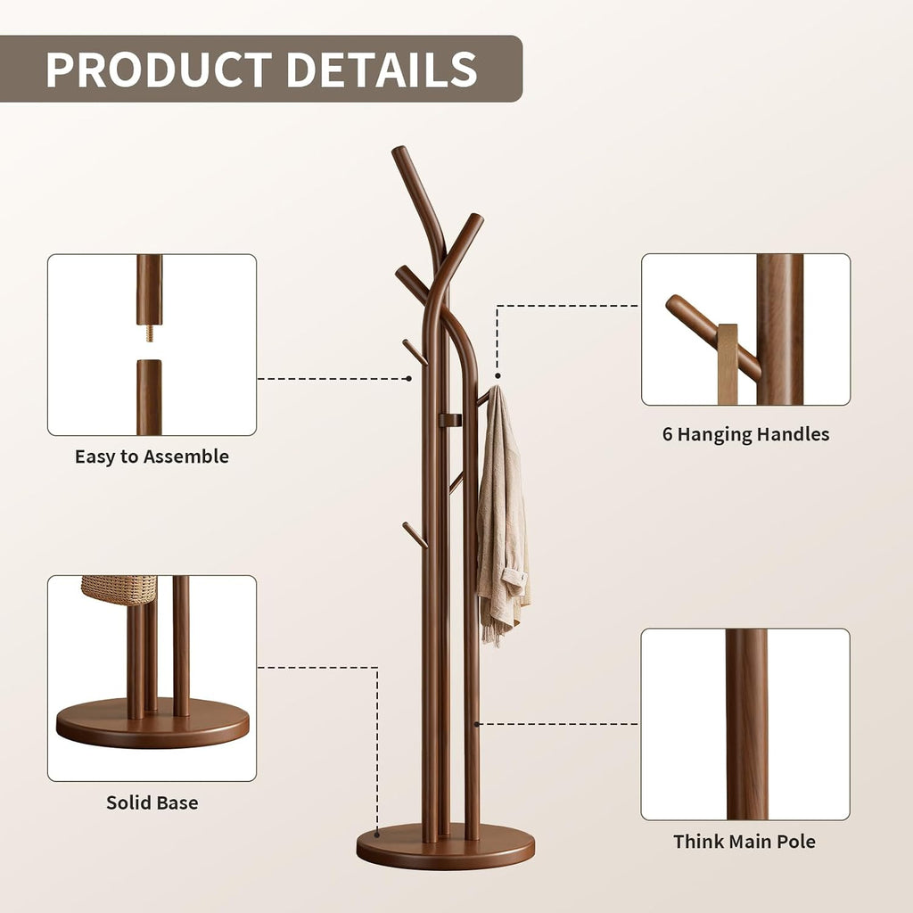 Walnut Tree 9-Hook Wood Coat Rack Stand