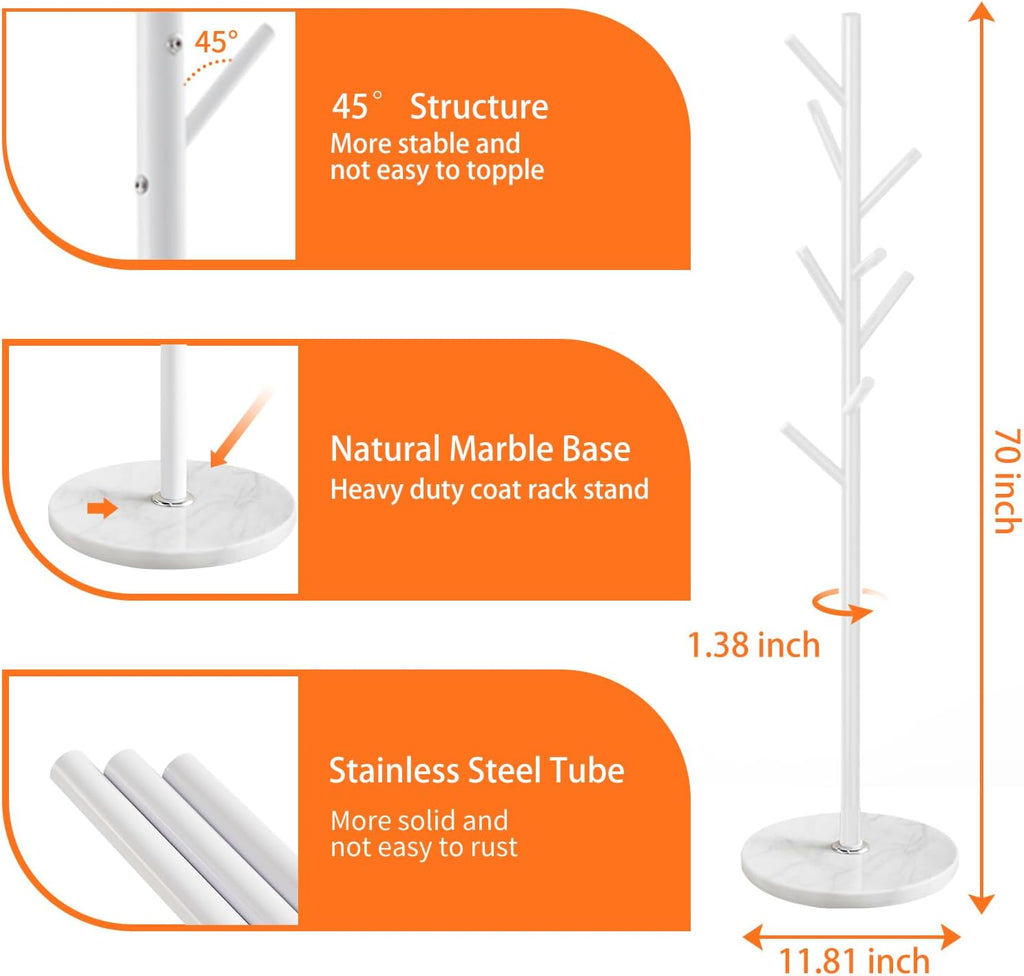 White Metal Marble 8-Hook Coat Rack Stand
