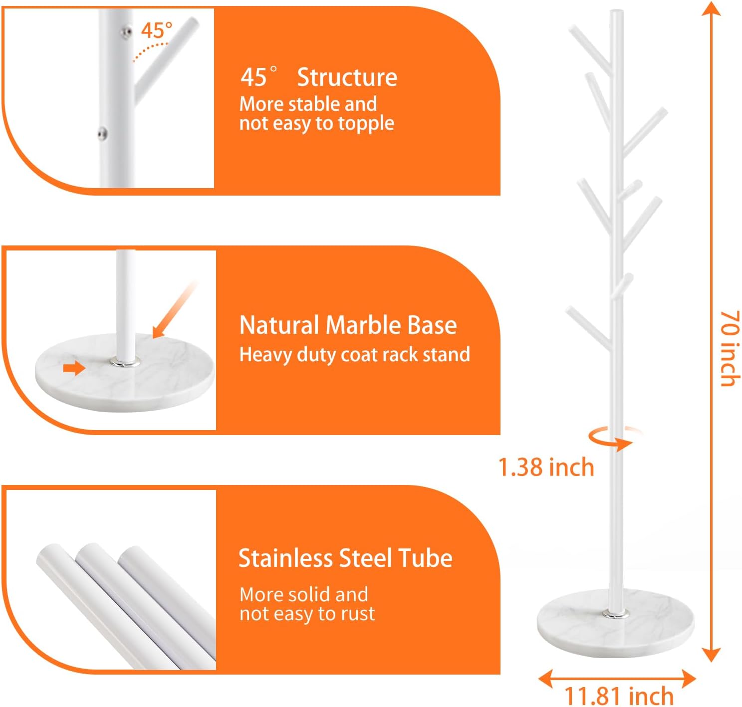 White Metal Marble 8-Hook Coat Rack Stand