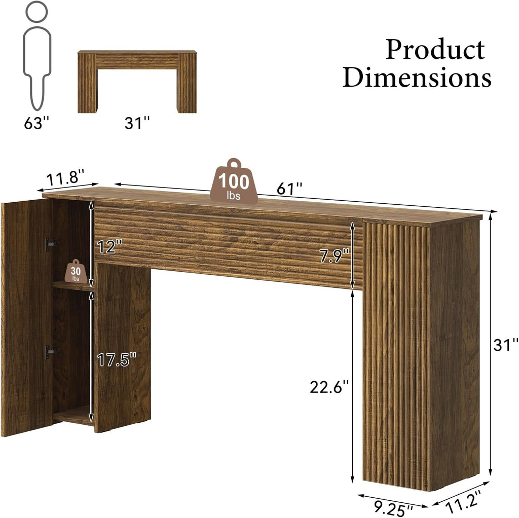 61" Brown Fluted Storage Console Table