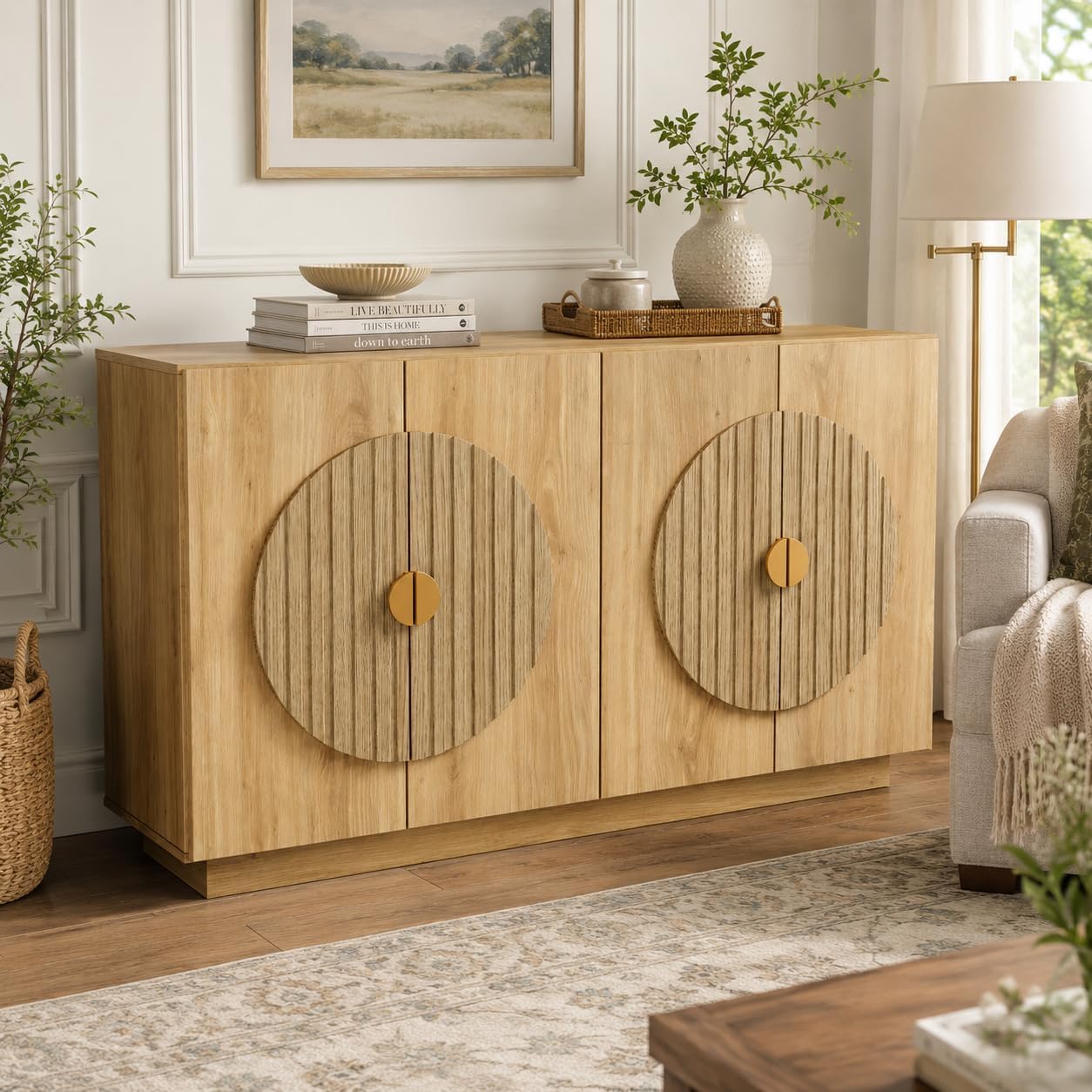 Fluted Oak Buffet Cabinet Console Table