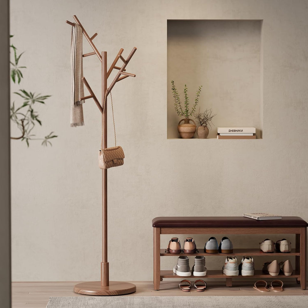 Walnut 12-Hook Adjustable Wood Coat Rack