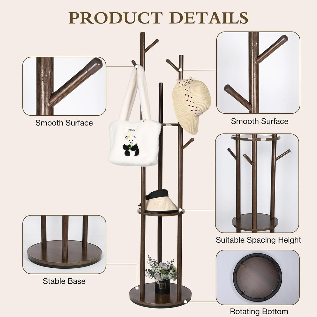 Walnut Rotary 3-Tier 9-Hook Coat Rack