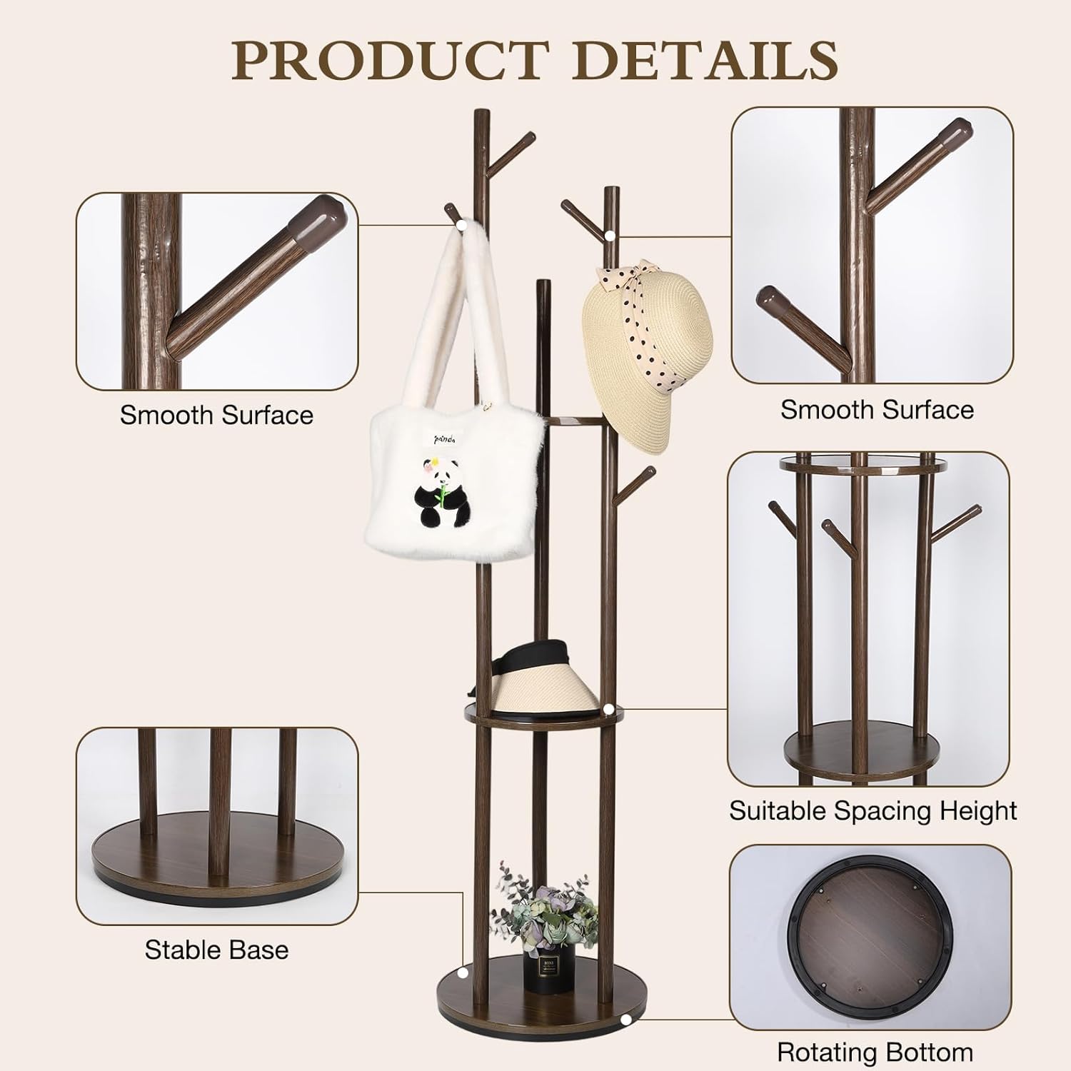 Walnut Rotary 3-Tier 9-Hook Coat Rack