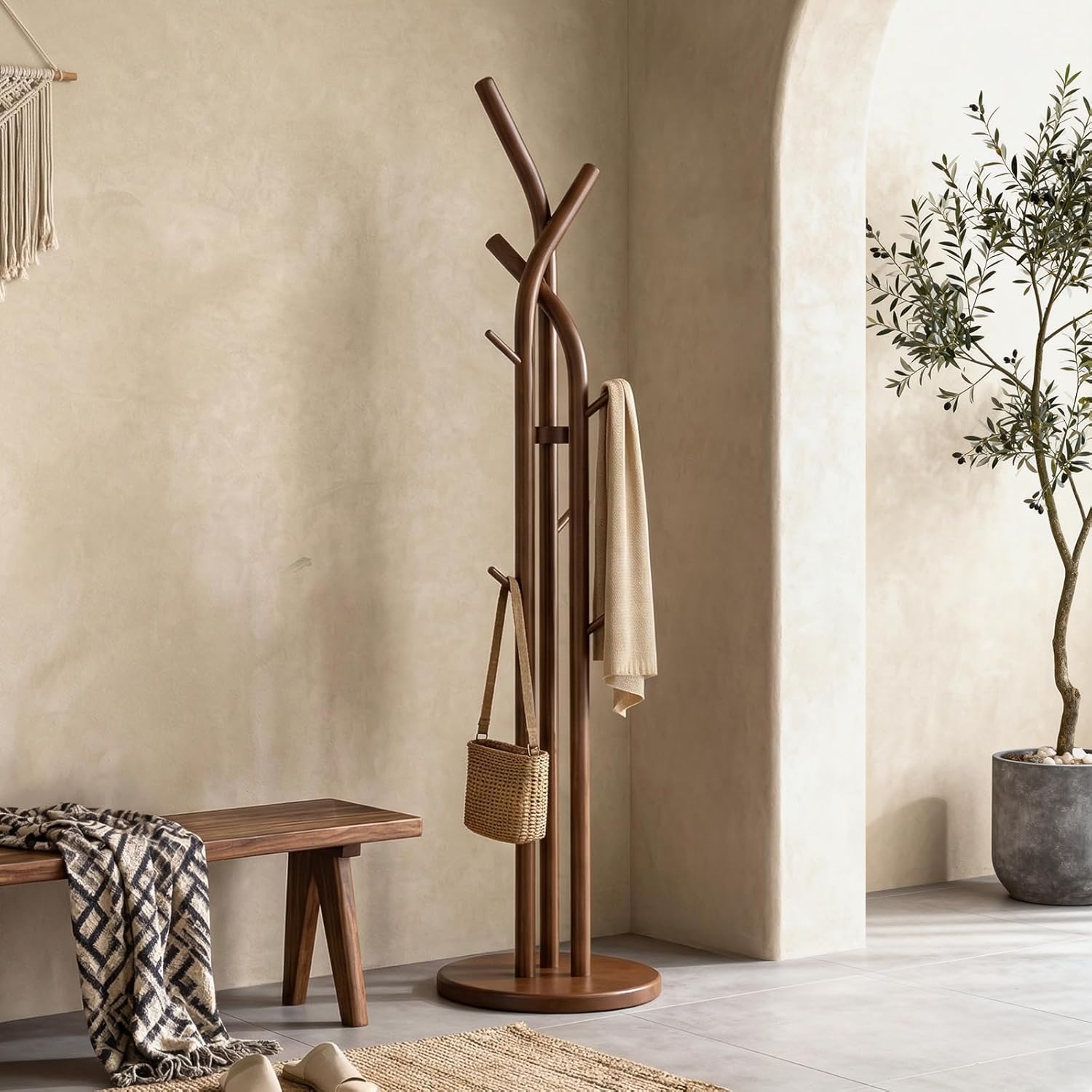 Walnut Tree 9-Hook Wood Coat Rack Stand