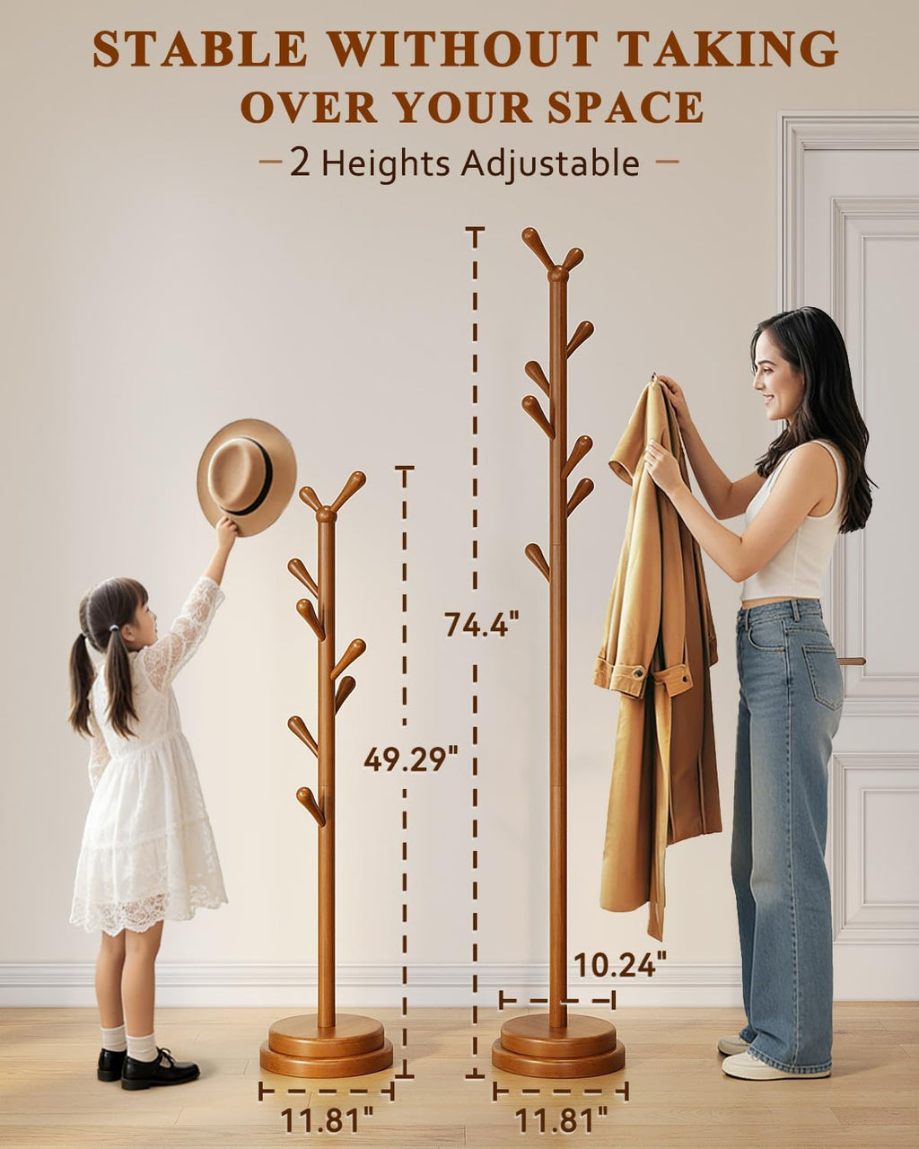 Wood 8-Hook Adjustable Coat Rack Stand