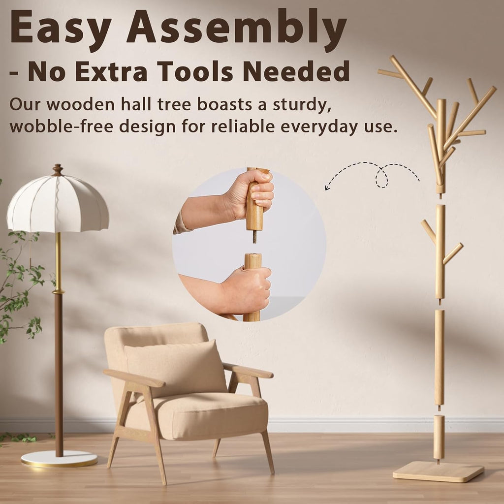 Natural Wood 14-Hook Adjustable Coat Rack