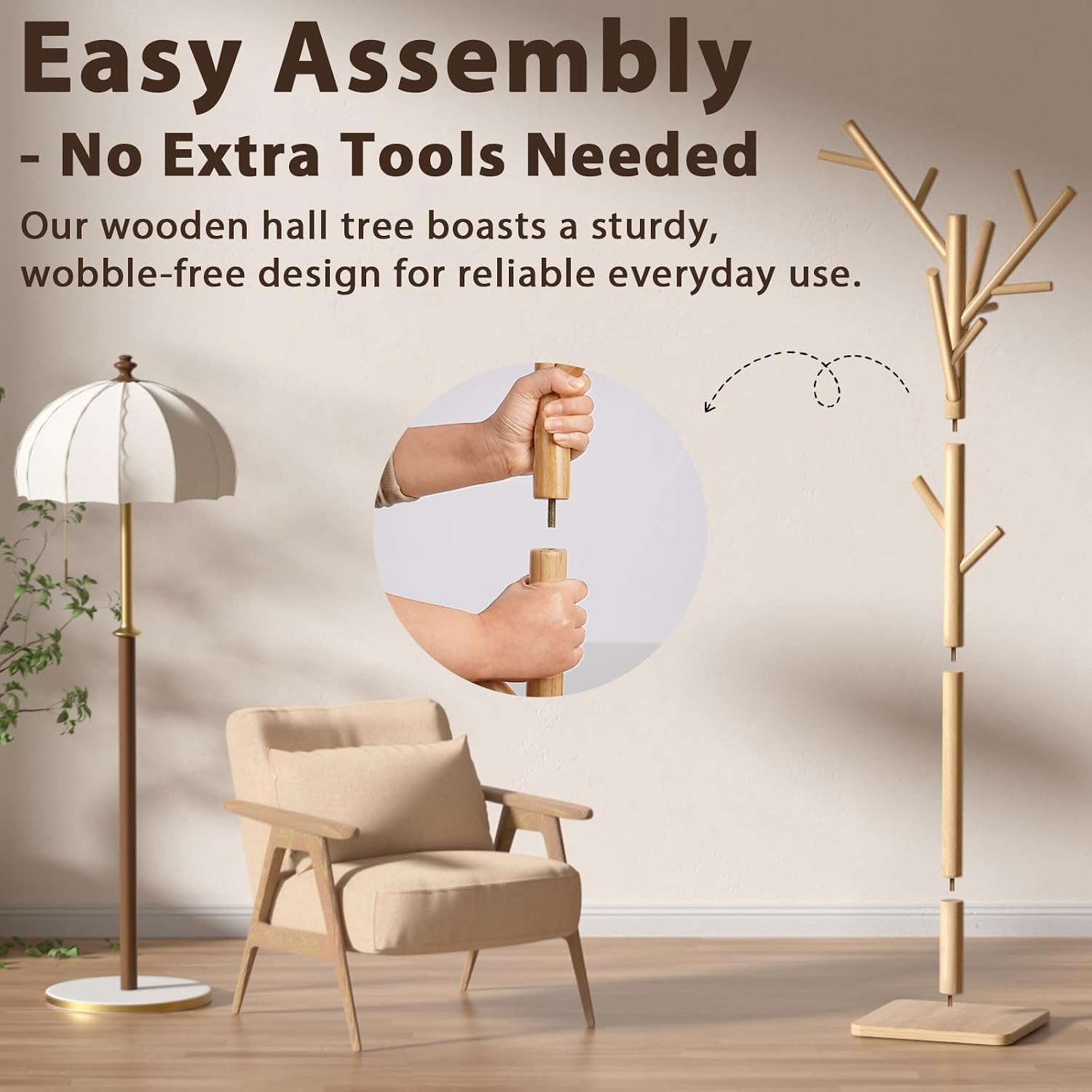 Natural Wood 14-Hook Adjustable Coat Rack