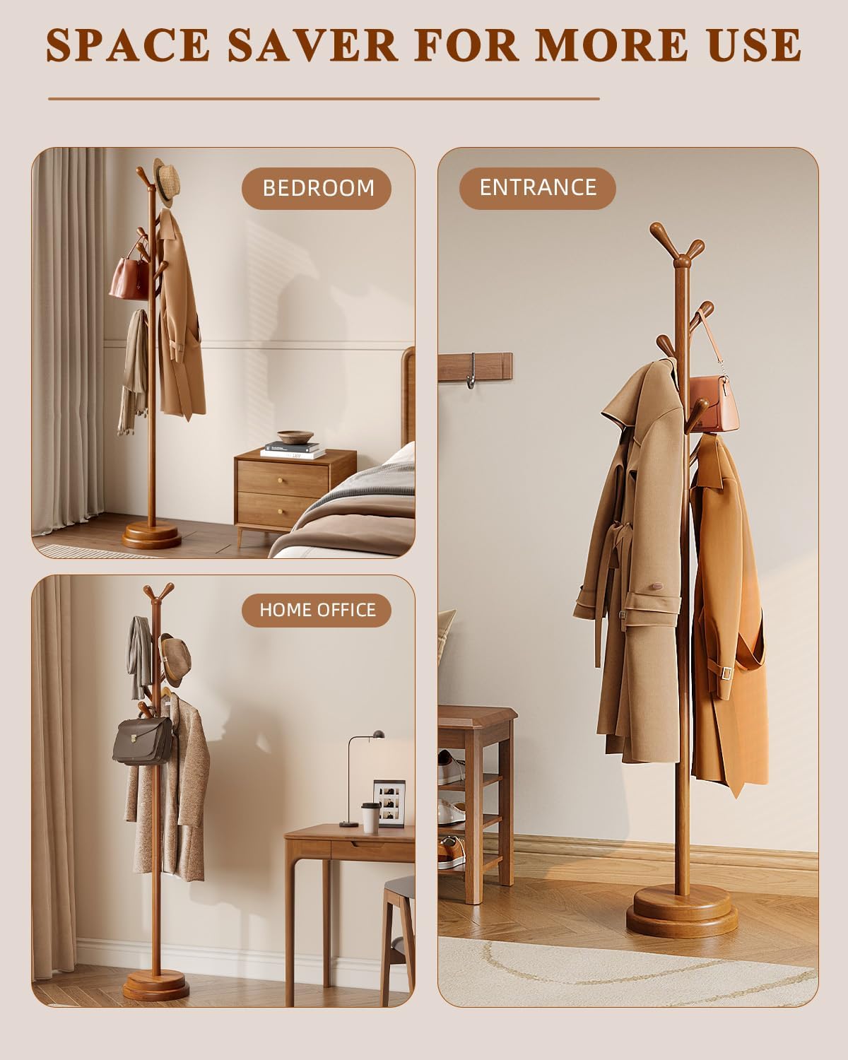 Wood 8-Hook Adjustable Coat Rack Stand