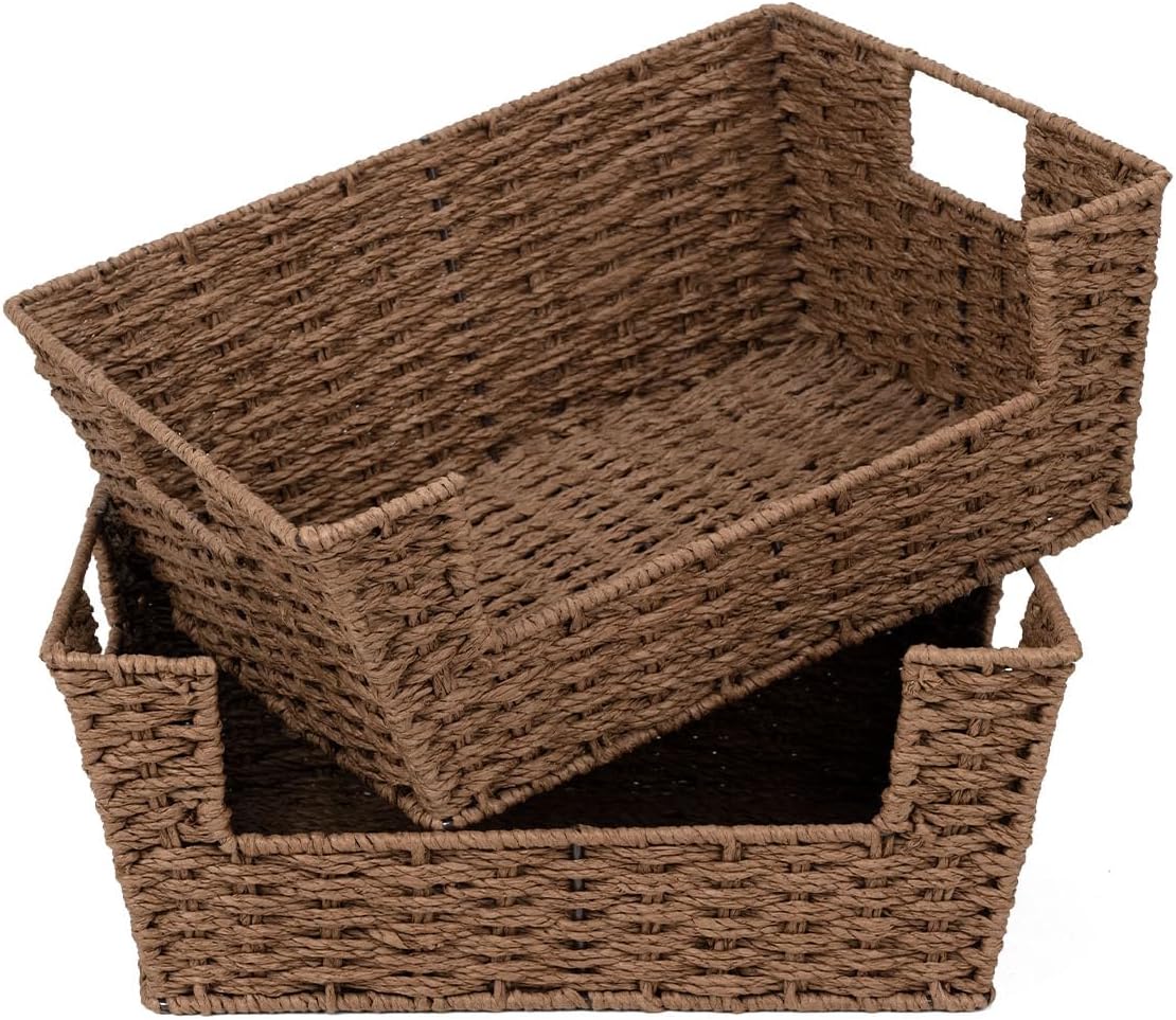 Paper Rope Woven Basket Stackable Storage Pantry Brown