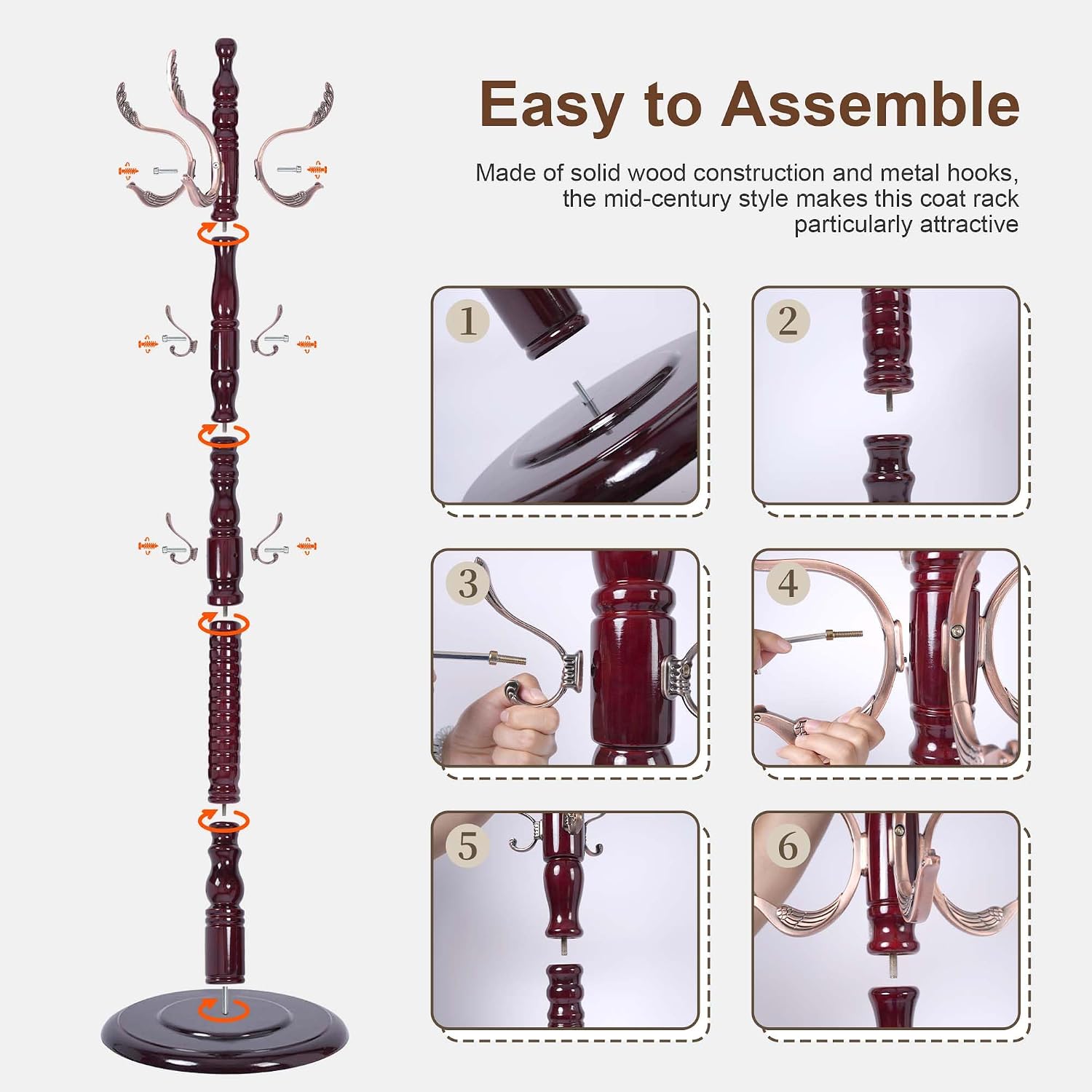 Wooden 20-Hook Adjustable Coat Rack Stand