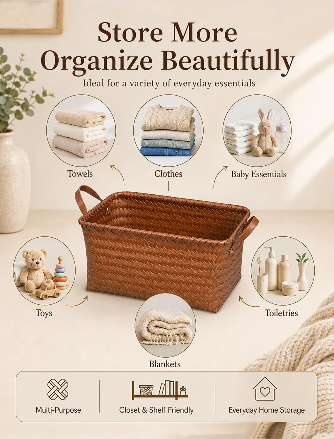 Woven Storage Baskets Wicker Waterproof Handle