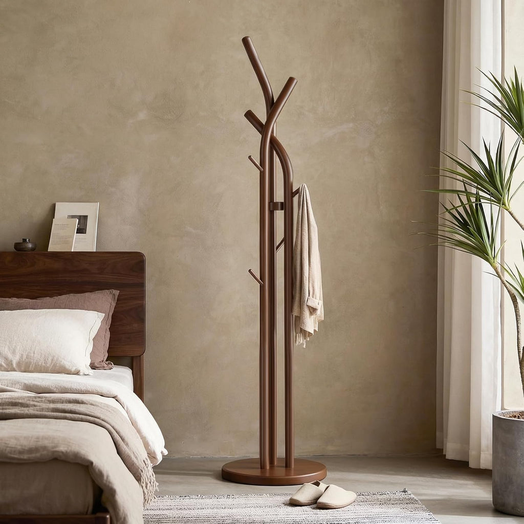 Walnut Tree 9-Hook Wood Coat Rack Stand