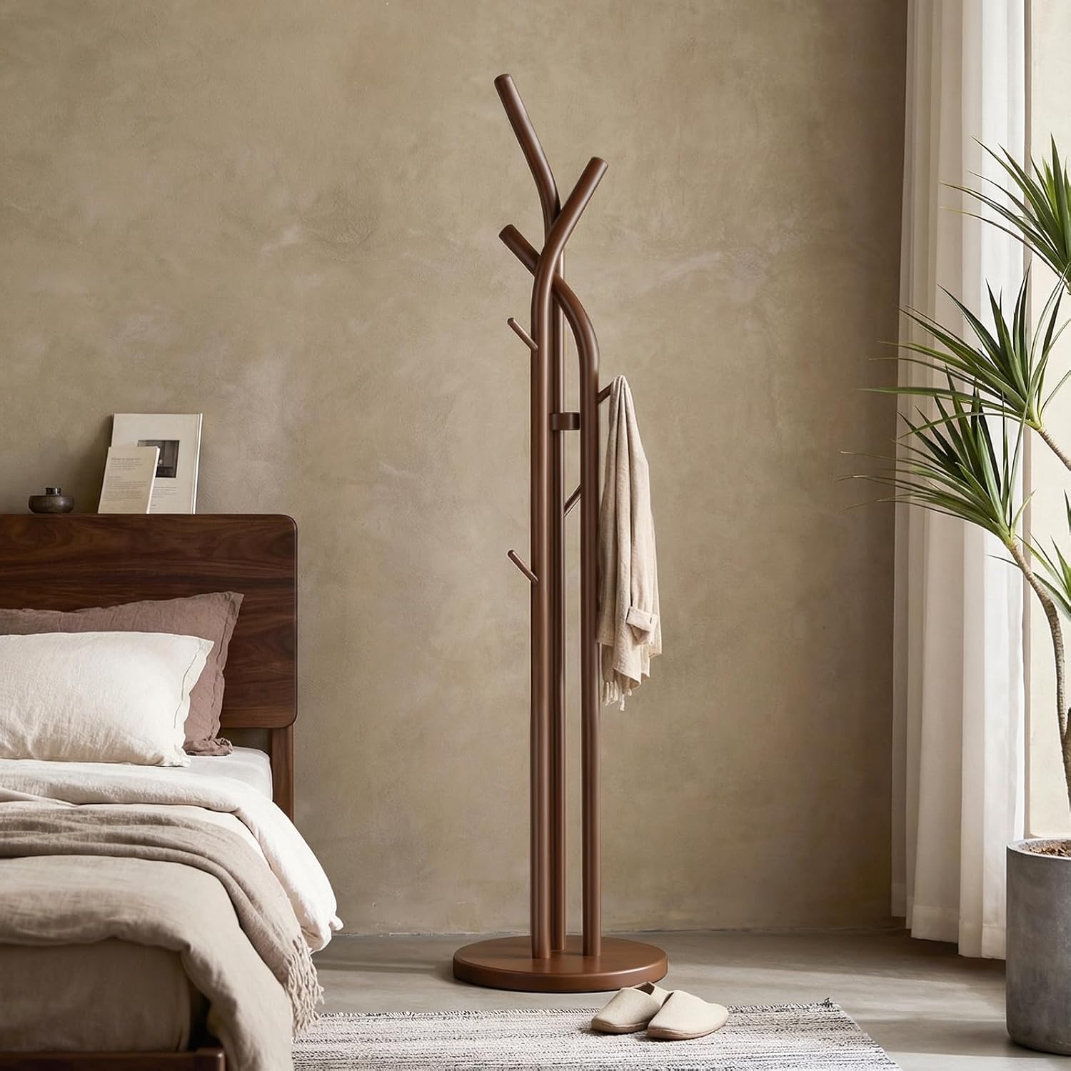Walnut Tree 9-Hook Wood Coat Rack Stand