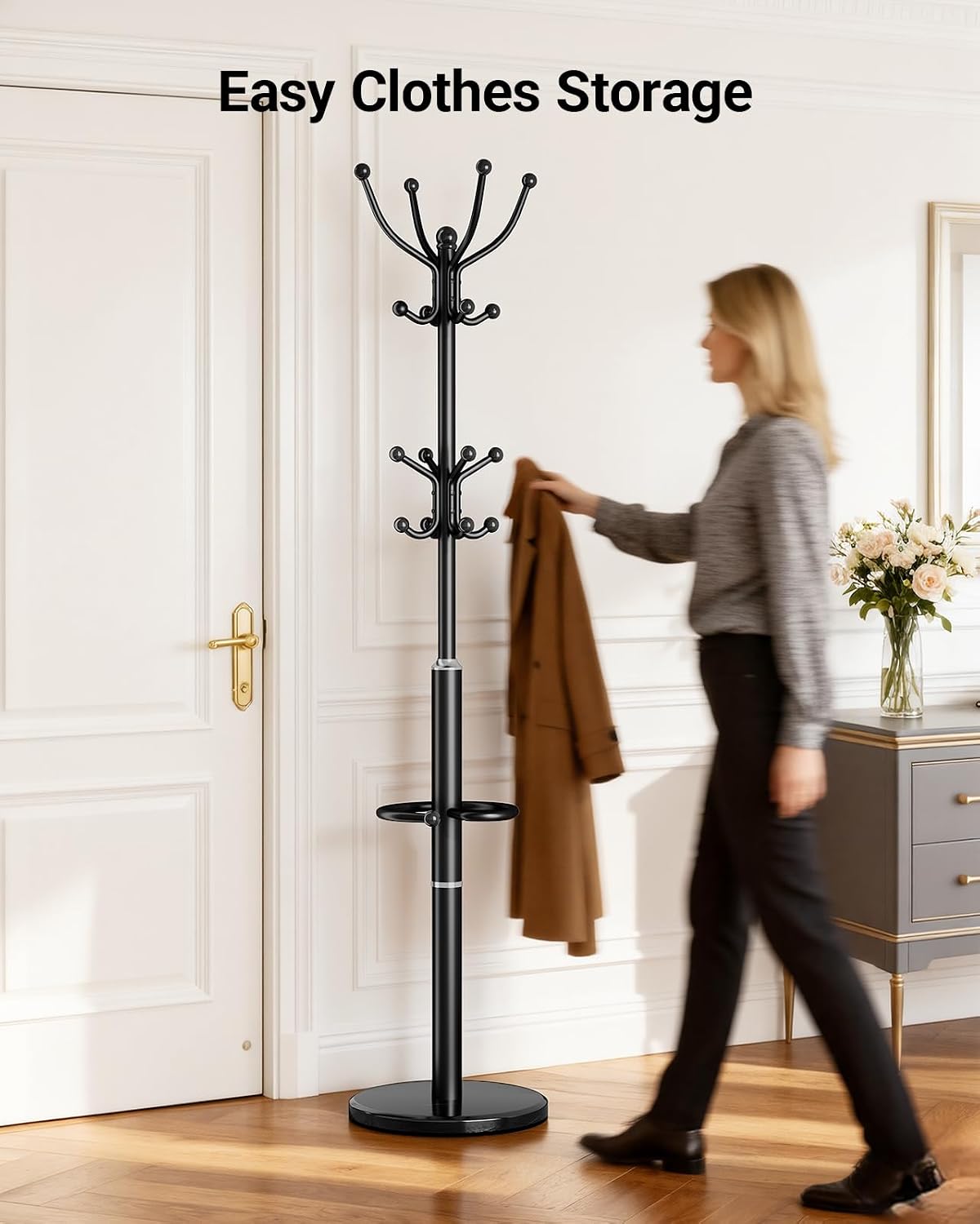 Black 16-Hook Coat Rack With Umbrella Holder