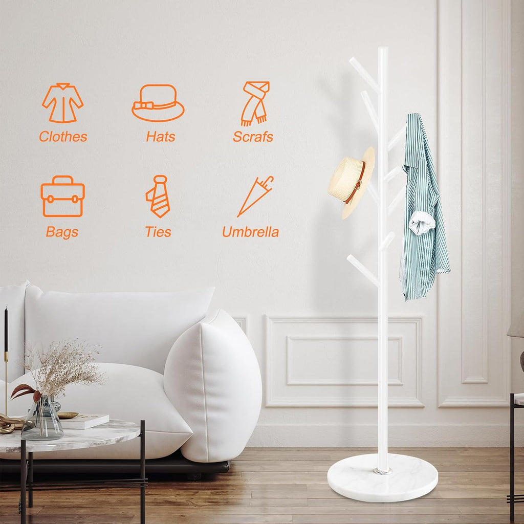 White Metal Marble 8-Hook Coat Rack Stand