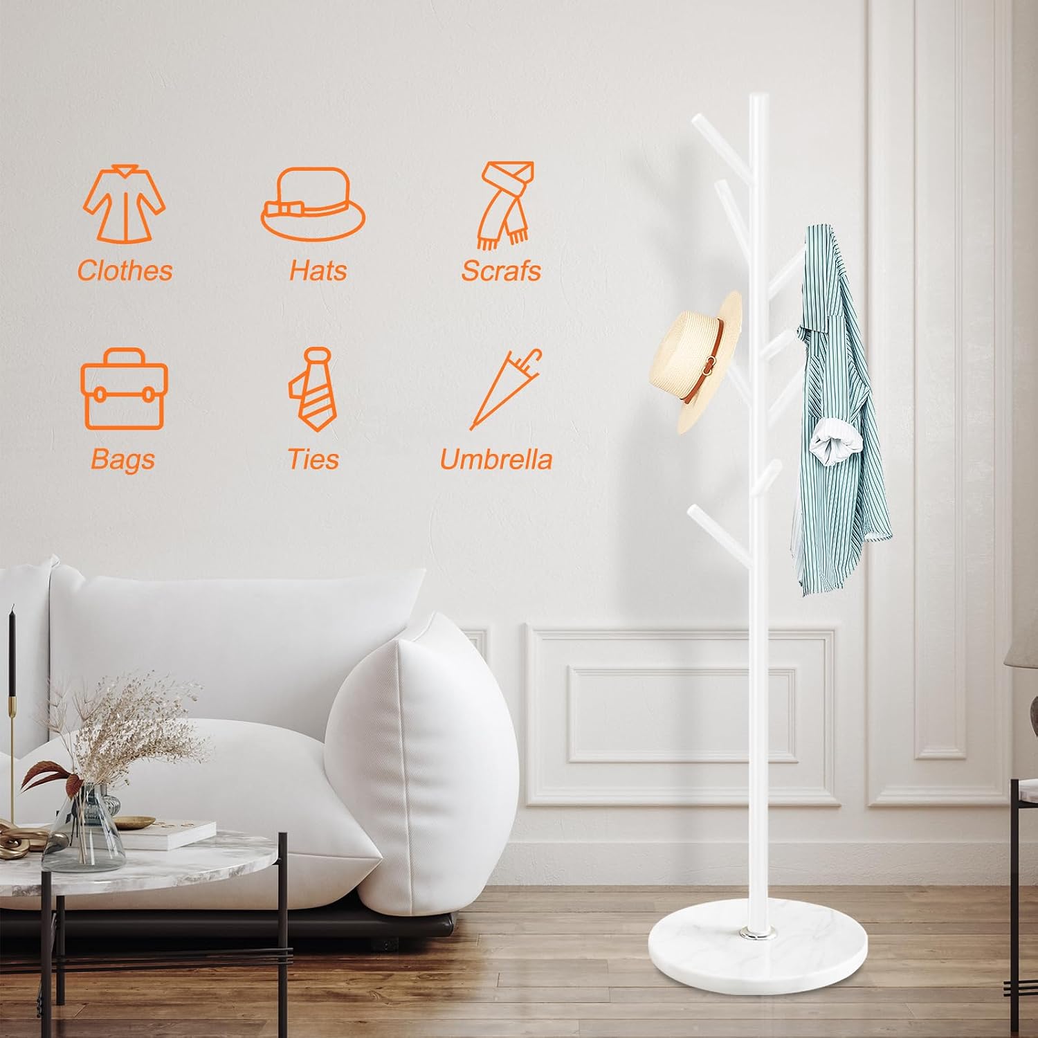 White Metal Marble 8-Hook Coat Rack Stand