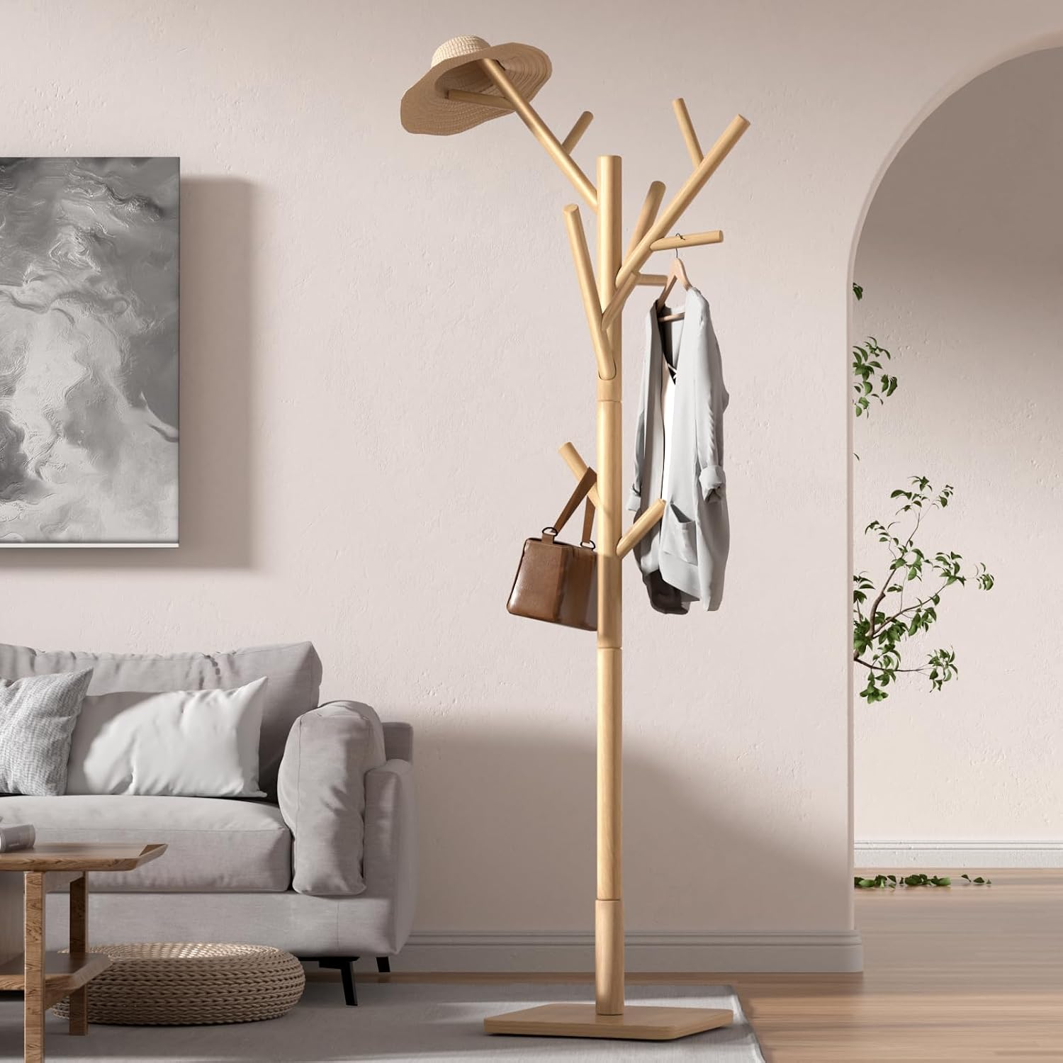 Natural Wood 14-Hook Adjustable Coat Rack
