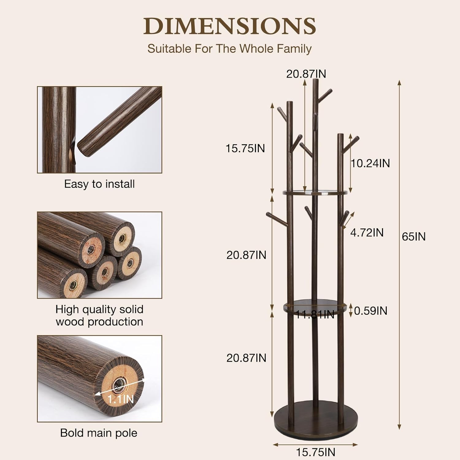Walnut Rotary 3-Tier 9-Hook Coat Rack