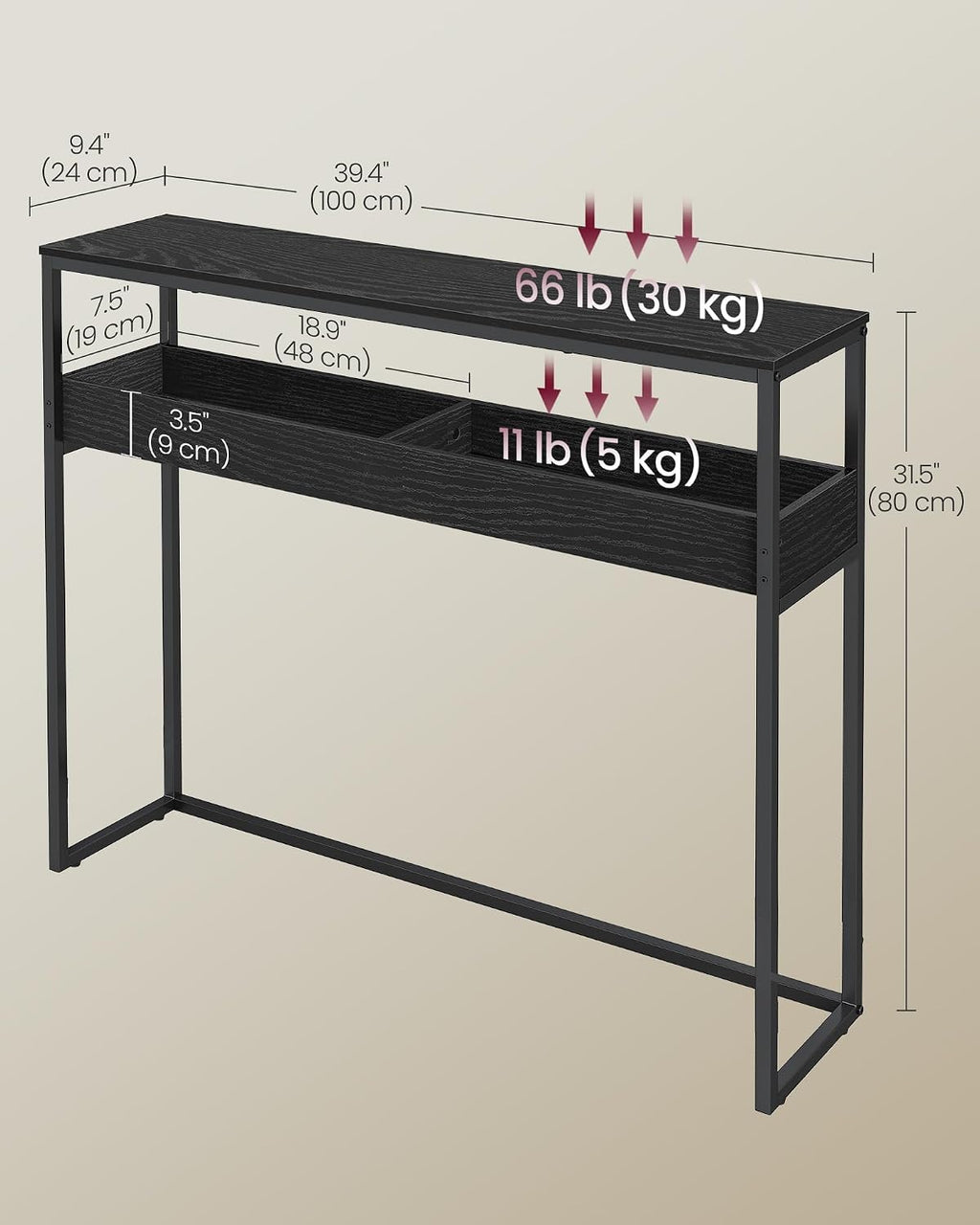 Black 2-Tier Narrow Console Entryway Table