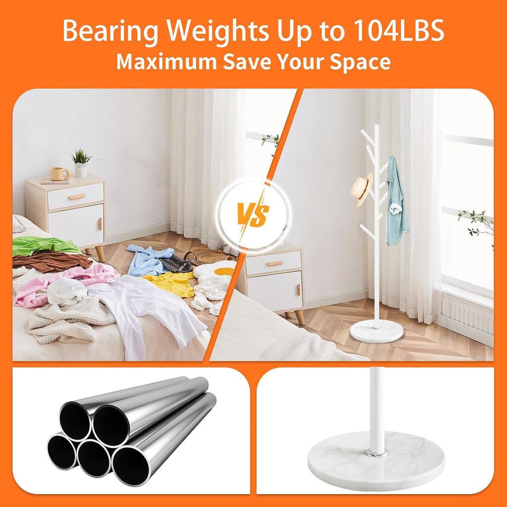 White Metal Marble 8-Hook Coat Rack Stand