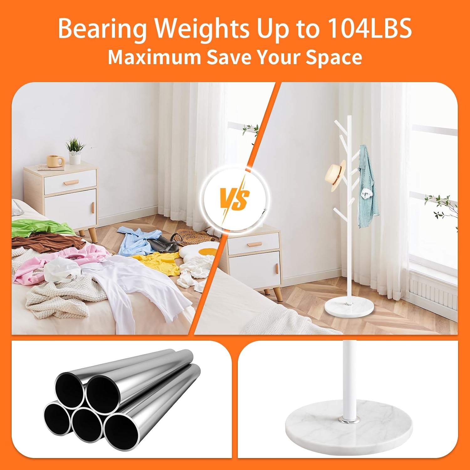 White Metal Marble 8-Hook Coat Rack Stand