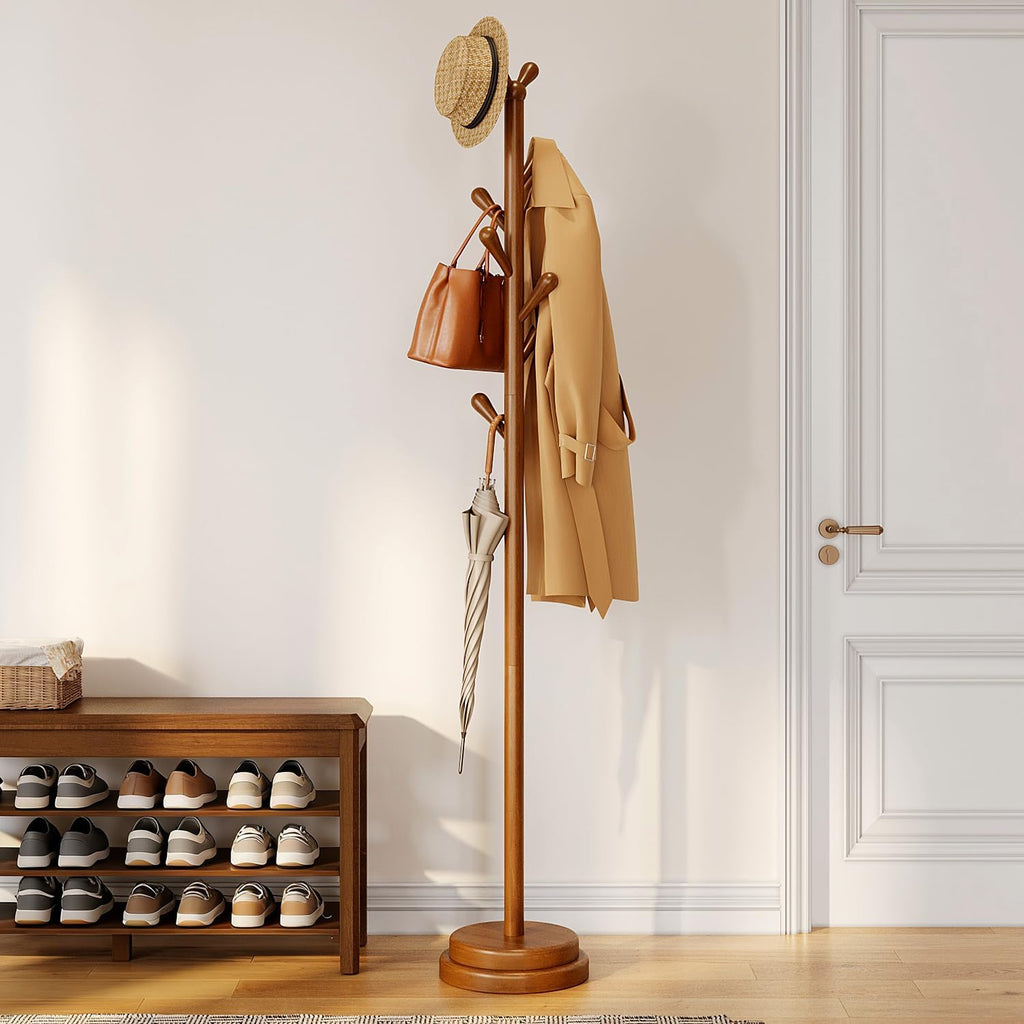 Wood 8-Hook Adjustable Coat Rack Stand