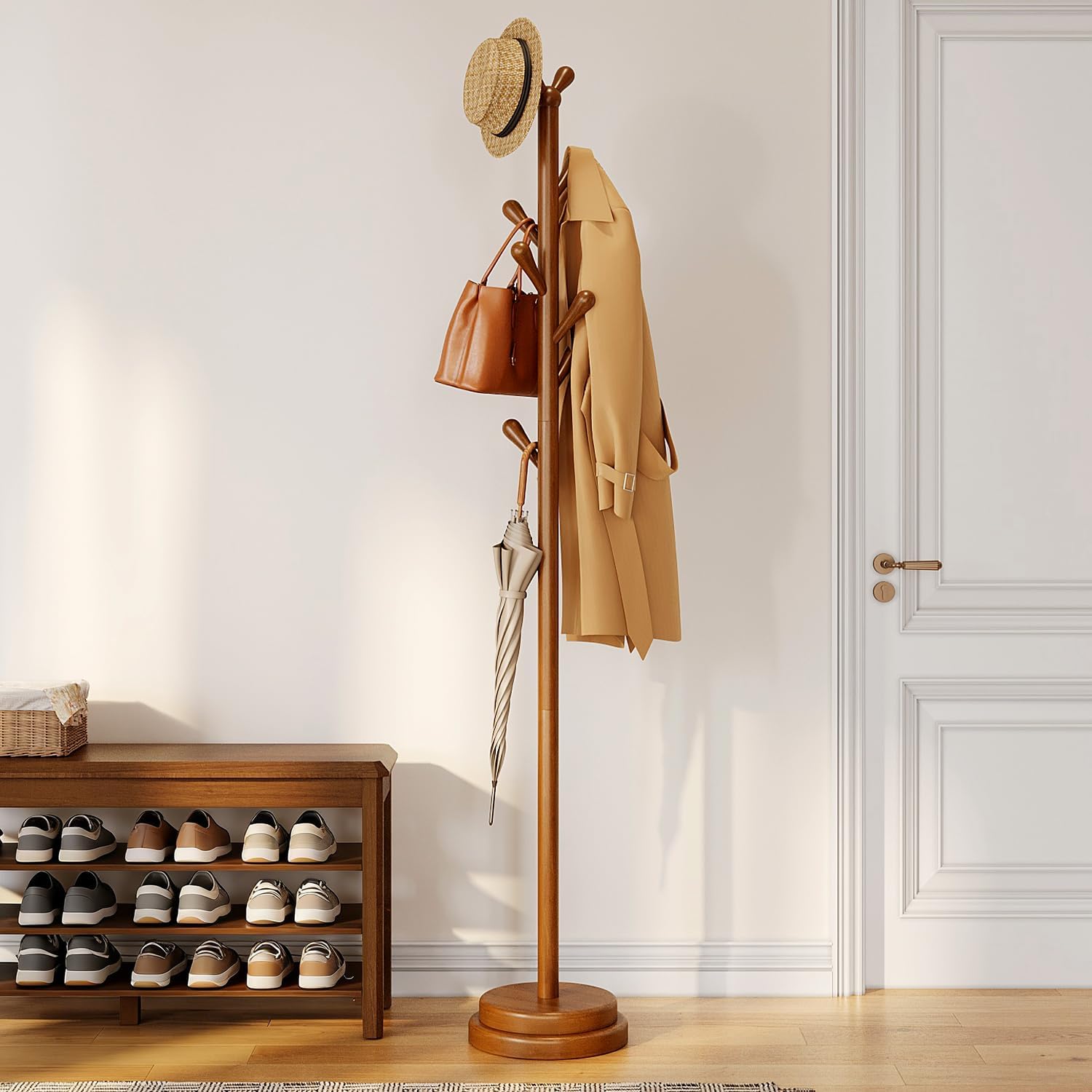 Wood 8-Hook Adjustable Coat Rack Stand