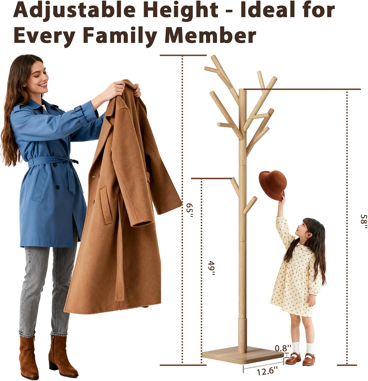 Natural Wood 14-Hook Adjustable Coat Rack