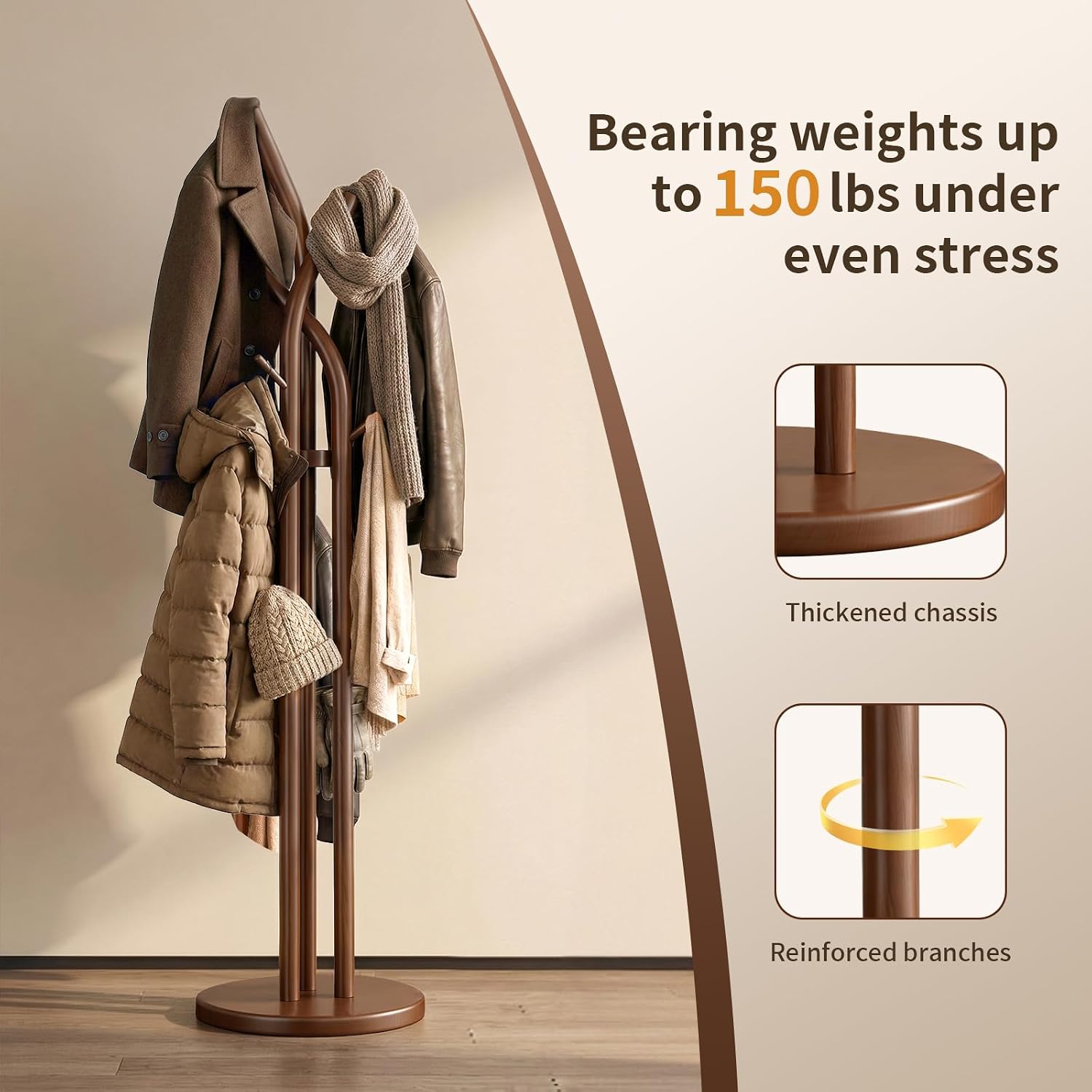 Walnut Tree 9-Hook Wood Coat Rack Stand