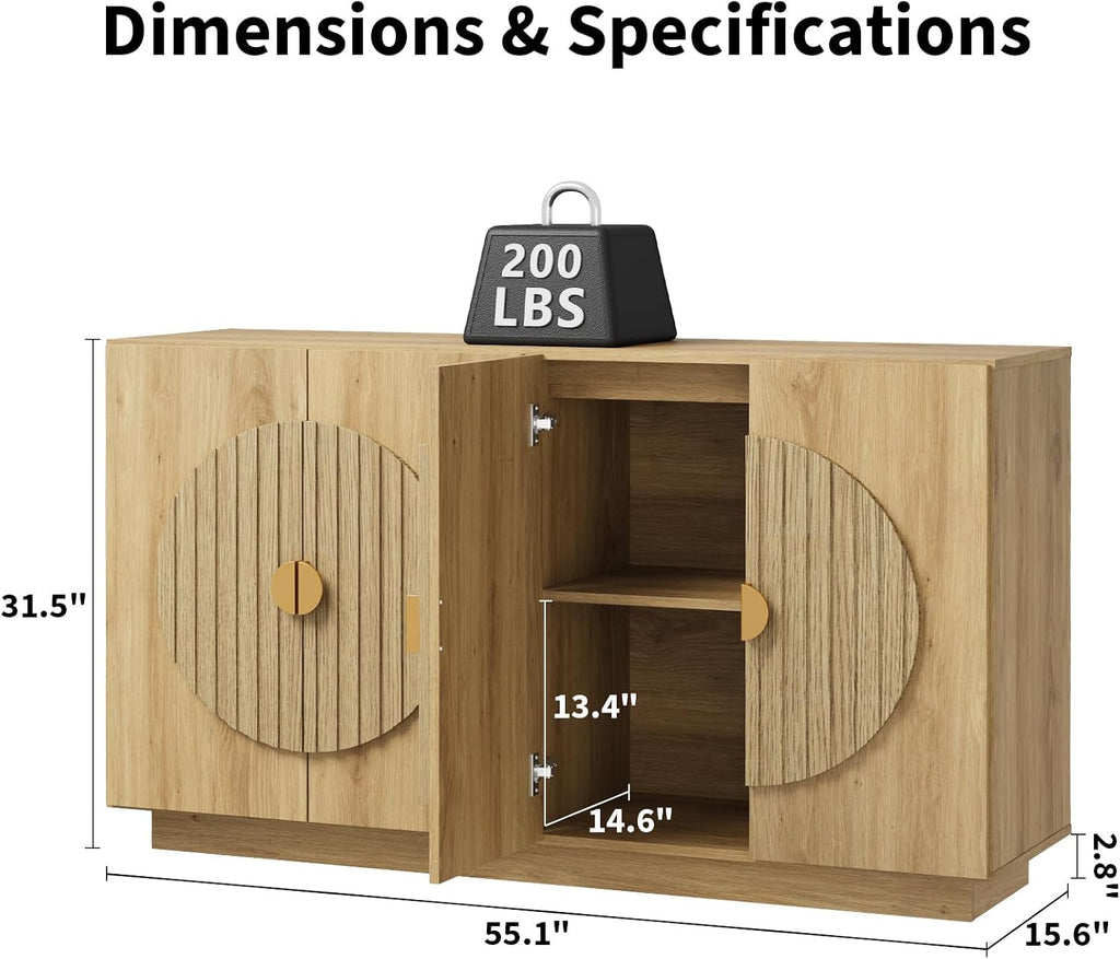 Fluted Oak Buffet Cabinet Console Table